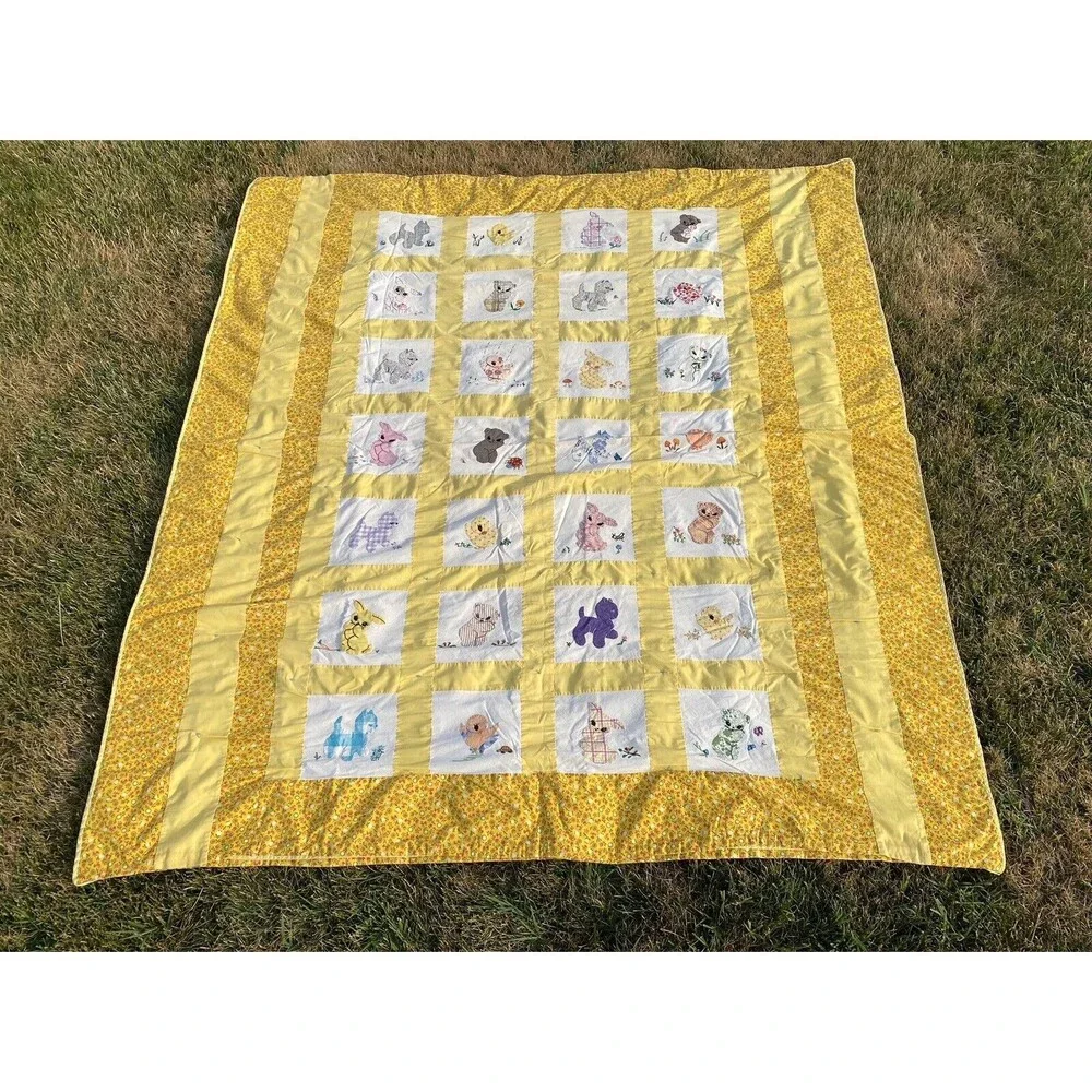 Vintage Homemade Patchwork Quilt Artistic Animals Yellow Unique Cute 70 x 80 in.